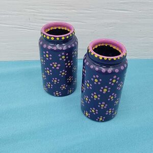Hand Painted Jar Mini Vases Set Floral Blue Pink Yellow Boho Cottage Chic Decor